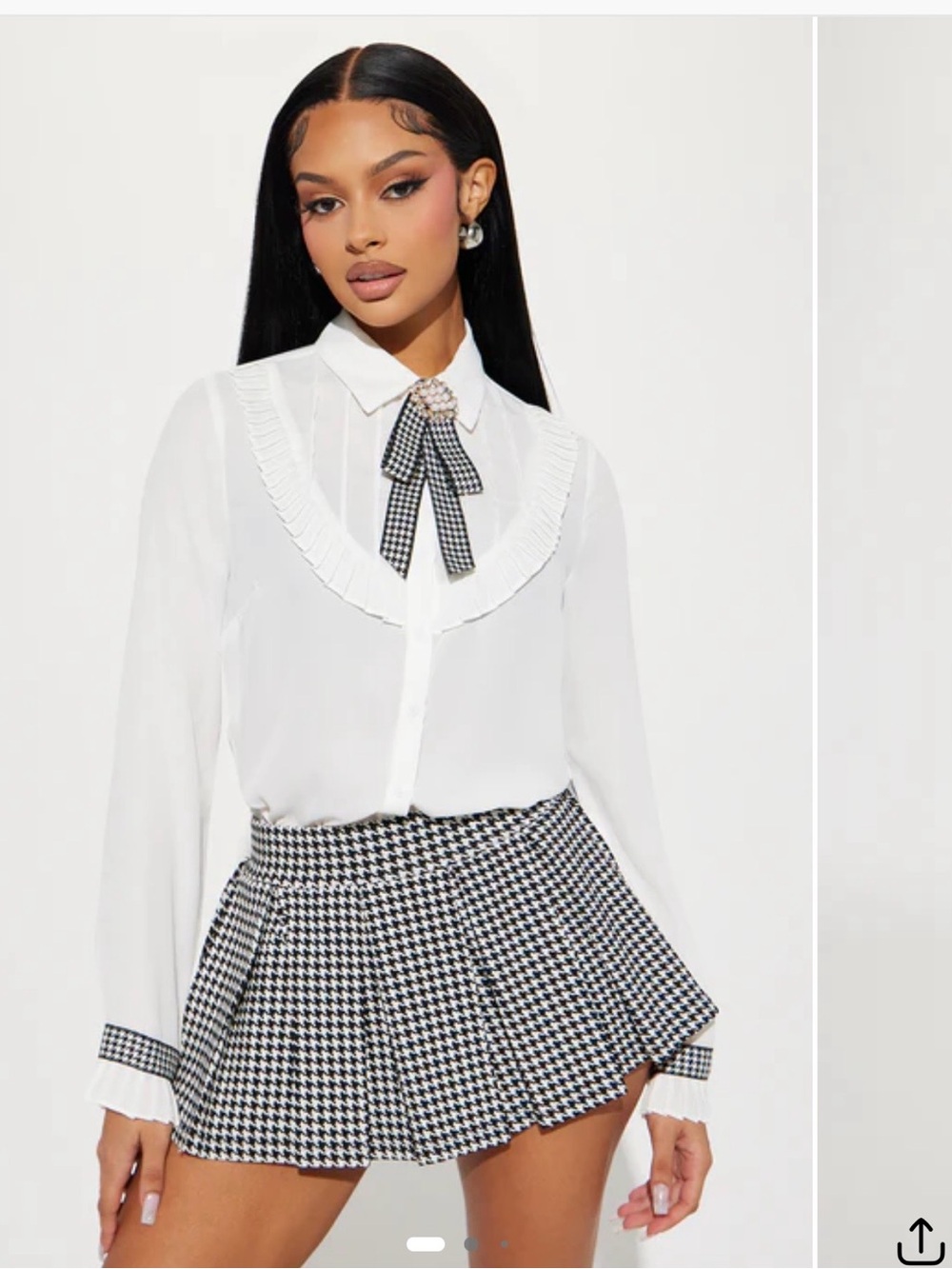Fashion Nova White Ruffle Collar Blouse with Houndstooth Bow Accent - Picture 2 of 10